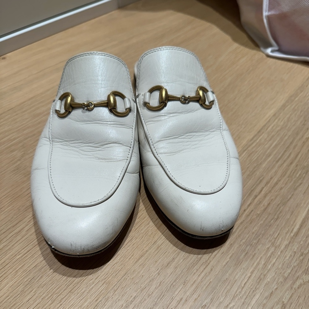 Gucci Princetown Horsebit Mules EU 37 US 7 White Slipper Loafer Flat Buckle